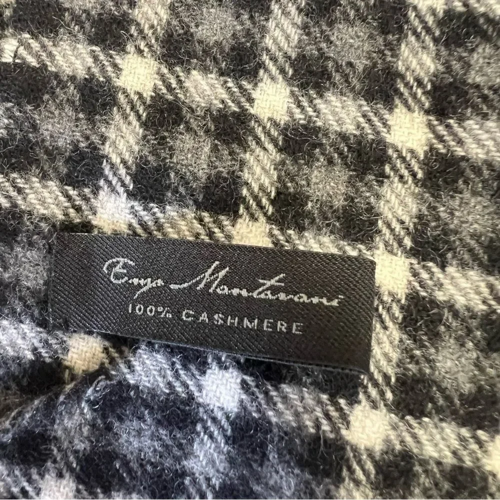 Enzo Mantovani 100% Cashmere Black White Check Scarf 12x60 Fringe Soft Luxurious